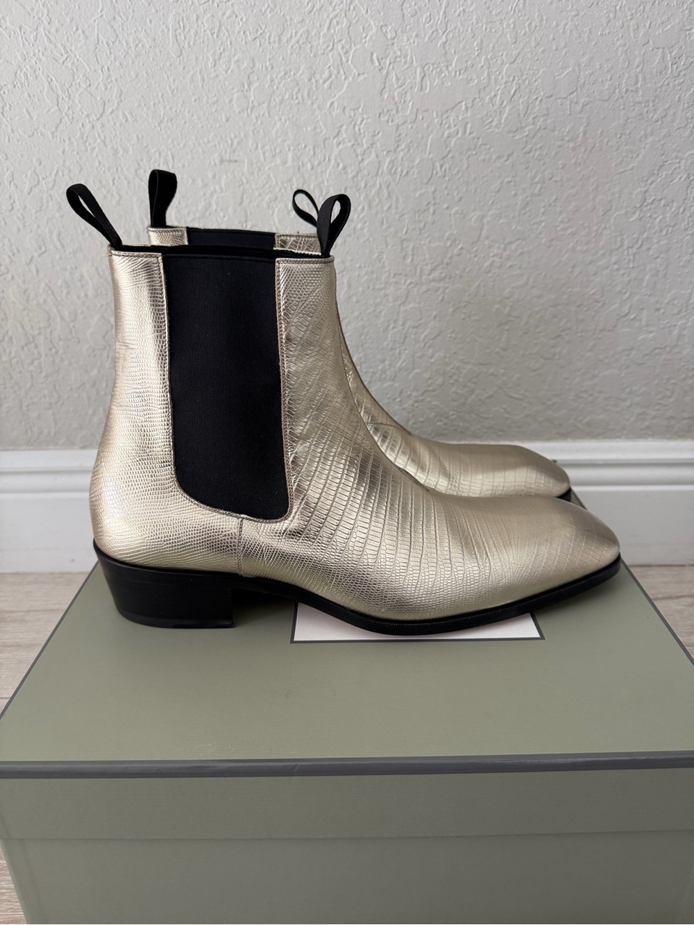 Tom Ford Metallic Gold croc Textured Leather Chelsea Boots men 11.5